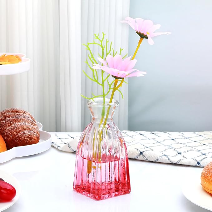 Mapoxy Glass Bud Vases Set of 4,Small Pink Flower Vases for Wedding Centerpiece Table Decorations,Clear Vintage Embossed Mini Vases,Flower Arrangements in Vases for Party or Home Decor