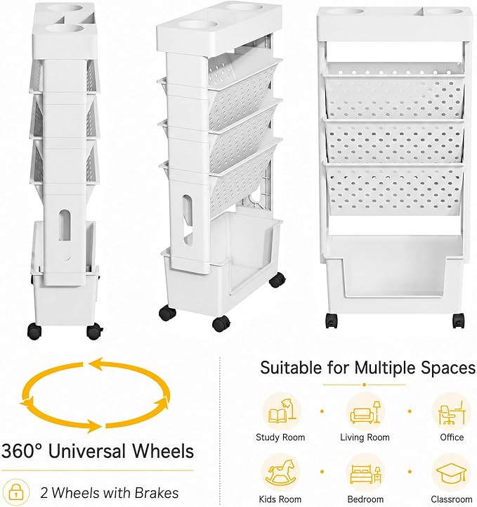 5-Tier Rolling Bookshelf, Book Storage Organization with Wheels Mobile Bookshelves Cart for Home Office Kids' Study Room School, White