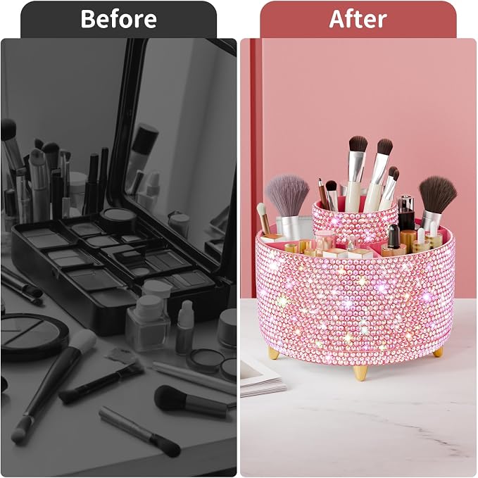 fanado Bling 360° Rotate Makeup Brush Holder Organizer, Makeup Organizers Countertop, Makeup organization and Skincare Storage for Vanity, Gift for Women Girls (Bling dz-Pink)