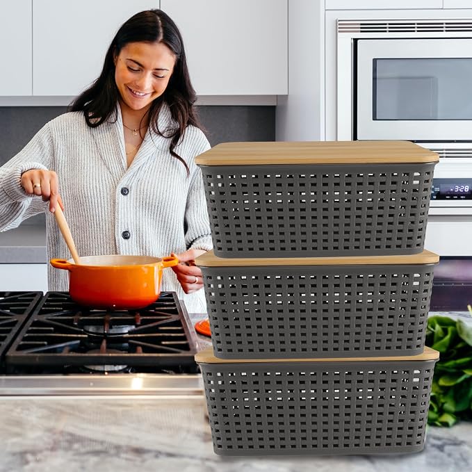 Onion and Potato Storage Bins Set,Potato and Onion Storage Bin for Pantry with Bamboo Lid&Handle,3 Pack Vegetable Storage for Onions,Potatos,Produce,Fruit,Bread,Snack Basket