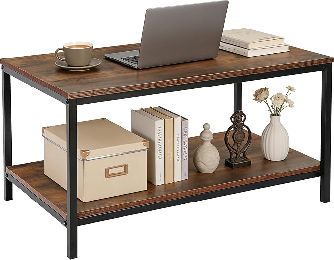 SUPER DEAL 2-Tier Industrial Coffee Table with Storage Shelf for Small Apartment Living Room, Rectangle Wood and Stable Metal TV Stand Side End Table, Rustic Brown