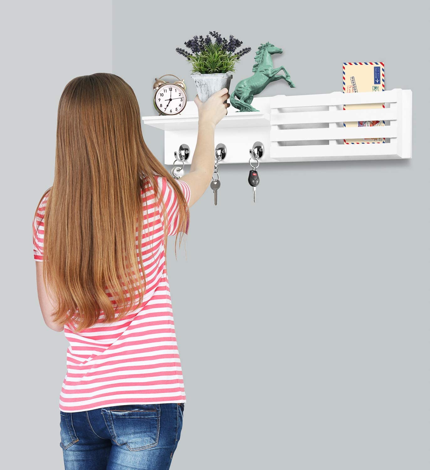 Greenco Entryway Wall Mounted Floating Shelf Letter Holder with Hooks, Hat and Coat Wooden Hanging Storage Shelf, 24” – White