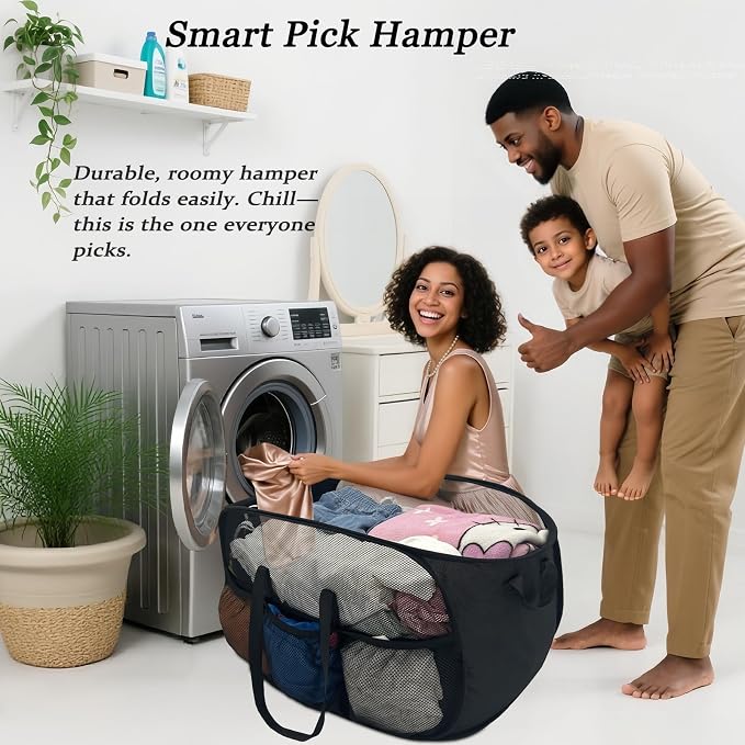 Upgraded Cationic XL Collapsible Laundry Baskets, 100L Extra Large Mesh Pop Up Hamper with Handles and bag, Portable Stair Basket, Dirty Clothes Hamper for Cruise Travel Bedroom. Black