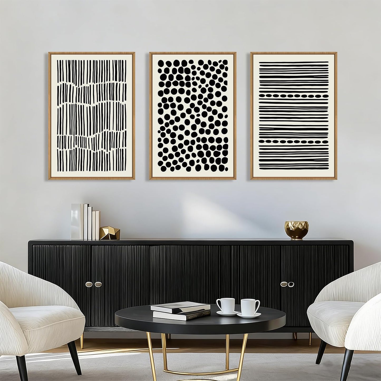 KAIRNE Abstract Black and White Framed Canvas Wall Art Set, Modern Geometric Wall Decor, Minimalist Line Art Prints, Neutral Boho Dots Artwork for Living Room, Bedroom, Farmhouse, Office -24"x36"x3