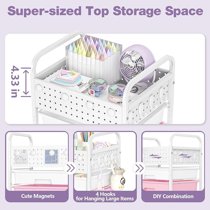 5 Drawer Rolling Storage Cart with Pegboard Top and Hooks, Mobile Organizer Cart with Wheels for Office Supplies, Craft Storage, Classroom Organization, Home Utility Cart, Dreamy Color