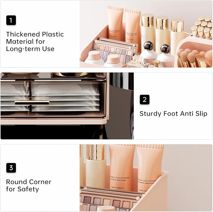 UFORU Makeup Organizer for Vanity with Brush Holder, Large Capacity Bathroom Countertop Skincare Organizer with 2 Drawers, Cosmetic Display Case for Perfumes, Eyeshadow Palettes, Nail Polishes