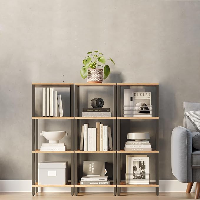 TUTOTAK Bookshelf, 4-Tier Tall Book Shelf, Narrow Bookcase for Small Space, DIY Stackable Bookshelf, for Living Room, Office, Study, Entryway, Industrial, Rustic Brown BS01BB004