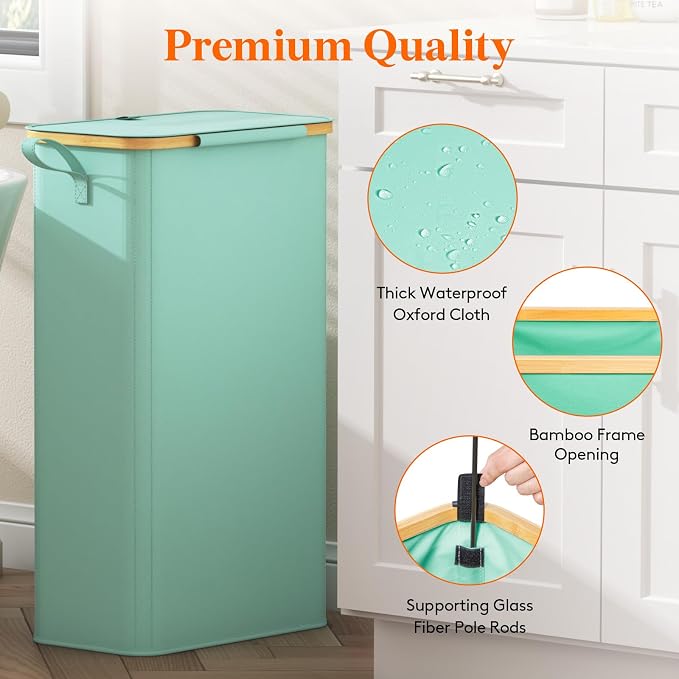 Lifewit 75L Slim Laundry Hamper with Lid, Narrow Laundry Basket with Removable Bag & Bamboo Handles, Fodable Thin Dirty Clothes Hamper for Laundry Collapsible Bin for Bathroom Bedroom Dorm, Sage Green