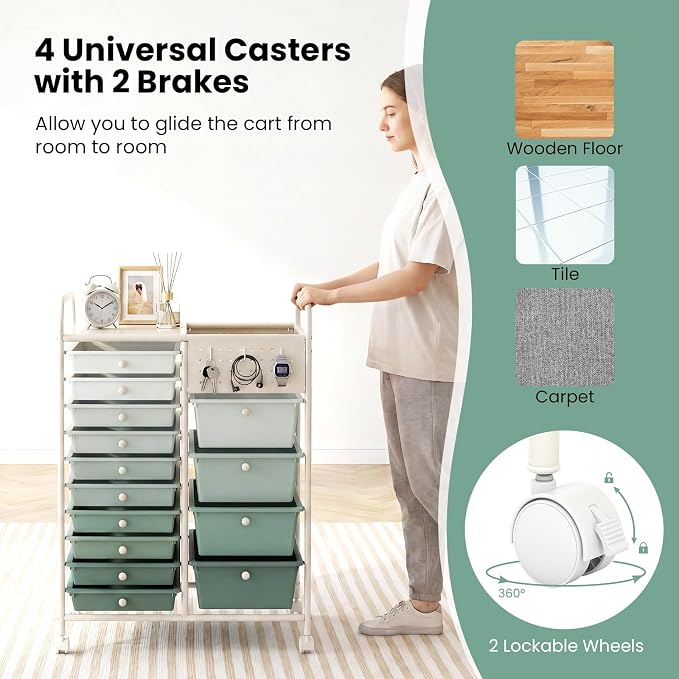 GOFLAME 14-Drawer Rolling Storage Cart with Pegboard, Craft Storage Cart with Lockable Wheels and Metal Frame, Art Cart Supply Storage Organizer for Home Office Classroom, Green Gradient