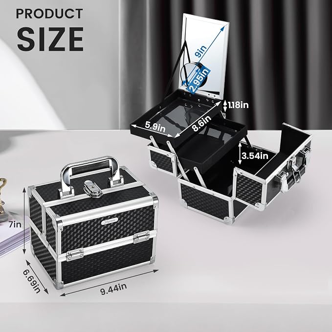 Joligrace Makeup Box Cosmetic Train Case Portable Makeup Organizer Case with Mirror 2 Tray Make up Storage Case for Nail Teach Craft Sewing Travel Vanity Modern Style Black