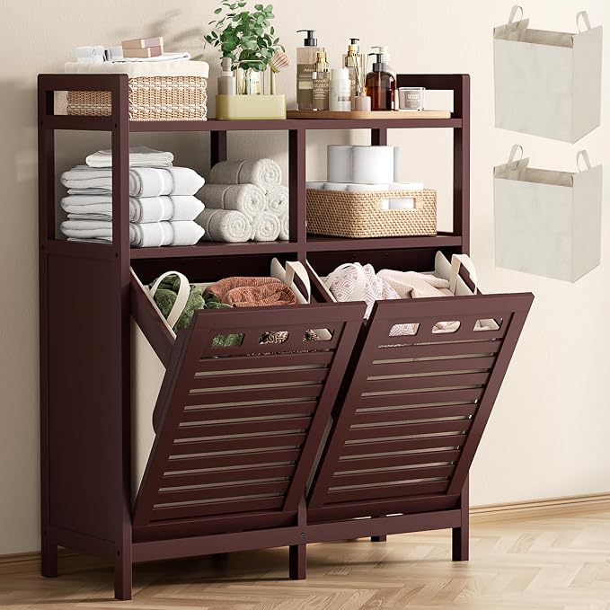 Homykic Tilt Out Laundry Hamper Cabinet, Bamboo Double Laundry Hamper with 2 Removable Laundry Baskets, 20 Gal Laundry Sorter Organizer with Shelf for Dirty Clothes, Bathroom, Laundry Room, Espresso