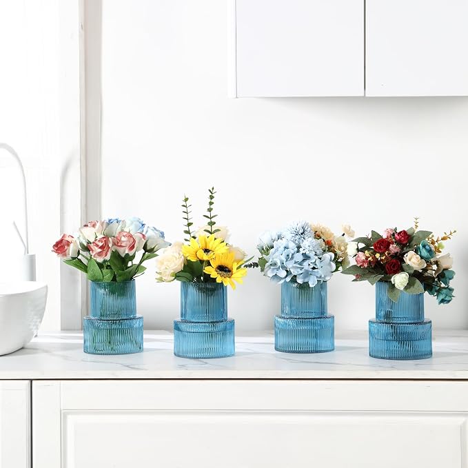 Ribbed Glass Vases, Set of 4 Small Vases for Flowers, Blue Glass Vase for Tulips, Modern Vase for Living Room, Kitchen, Office, Entryway, Bookshelf, Wedding Gifts, Birthday, 6 Inches