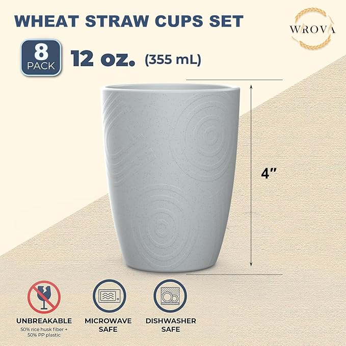 Wrova Wheat Straw Cups 8 PCS Good Alternative to Plastic Reusable Cups 12 oz Unbreakable Drinking Cup Reusable Dishwasher Safe Water Plastic Glasses Light Grey