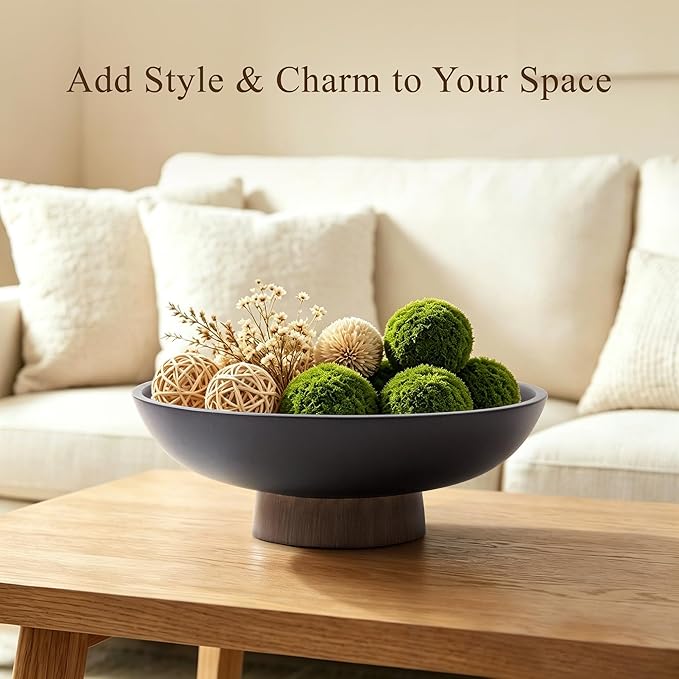 YMXYJM Modern Pedestal Fruit Bowl, Large Matte Resin Decorative Bowl with Faux Wood Base for Kitchen Counter, Living Room, Entryway Home Decor, Black