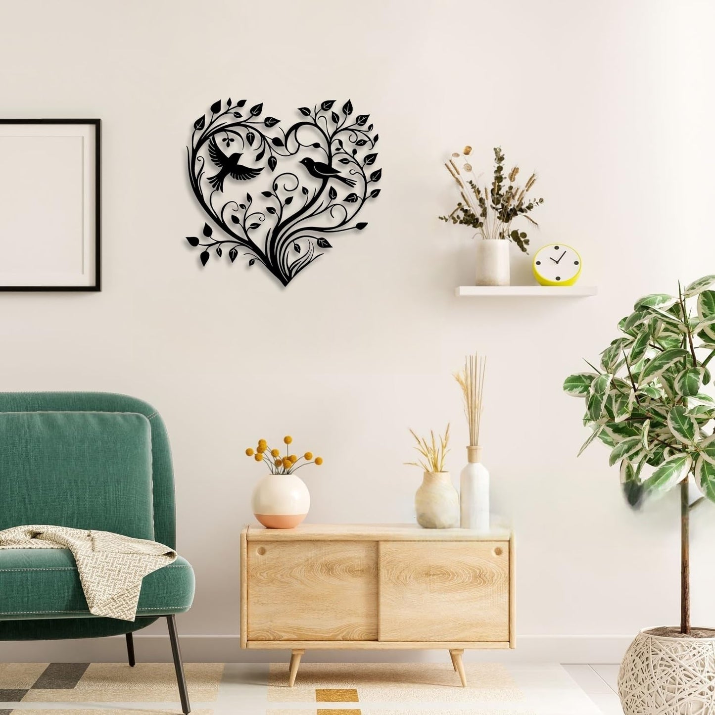 LIYOUYA Heart Shaped Tree Bird Metal Wall Decor - Emotional Art Country Farmhouse Room Decor Black Wall Art Home Decor for Living Room, Bathroom, Bedroom, Dining Room (Black)