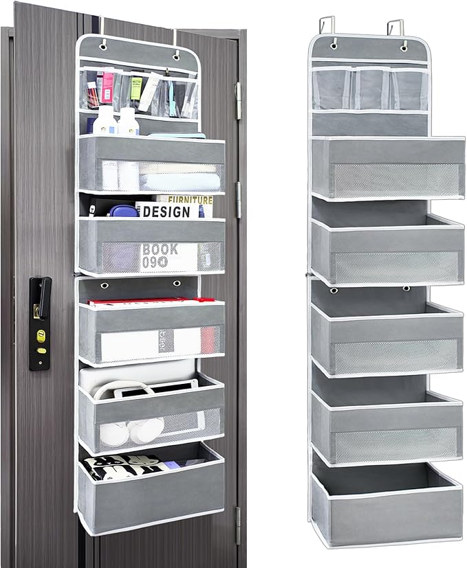 Easy Assembly Over The Door Organizer, 6 Shelves& 10 Side Pockets, Heavy-Duty Reinforced Mesh Rack Holds 44lb, Hanging Behind Door Storage for Bathroom Pantry, Nursery, Closet, Shoes, Towels-Grey