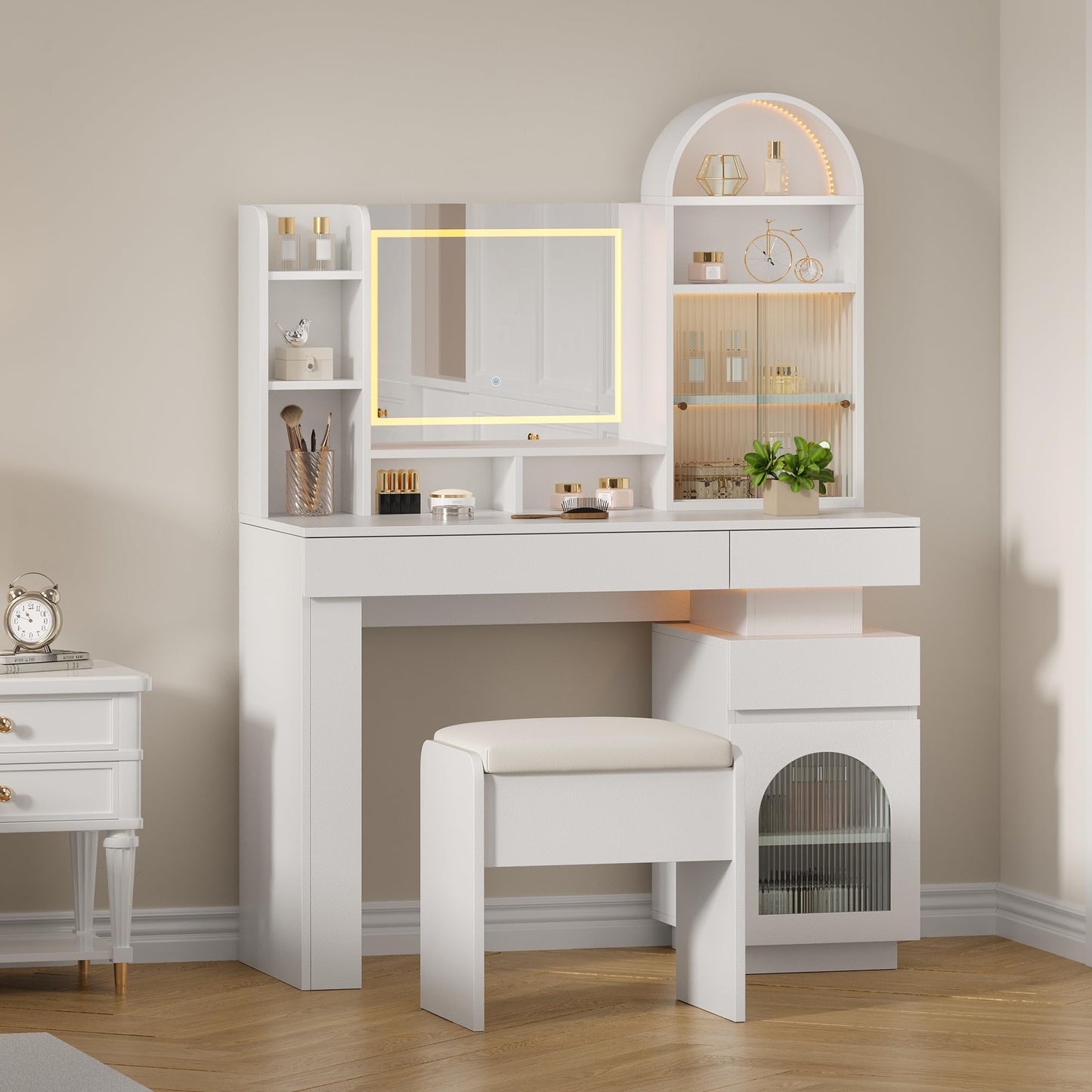 Garvee Vanity Desk with Mirror, LED Lights and Power Outlet Makeup Vanity Table with 3 Drawers and 11 Storage Shelves Dressing Table Set for Bedroom Dressing Room