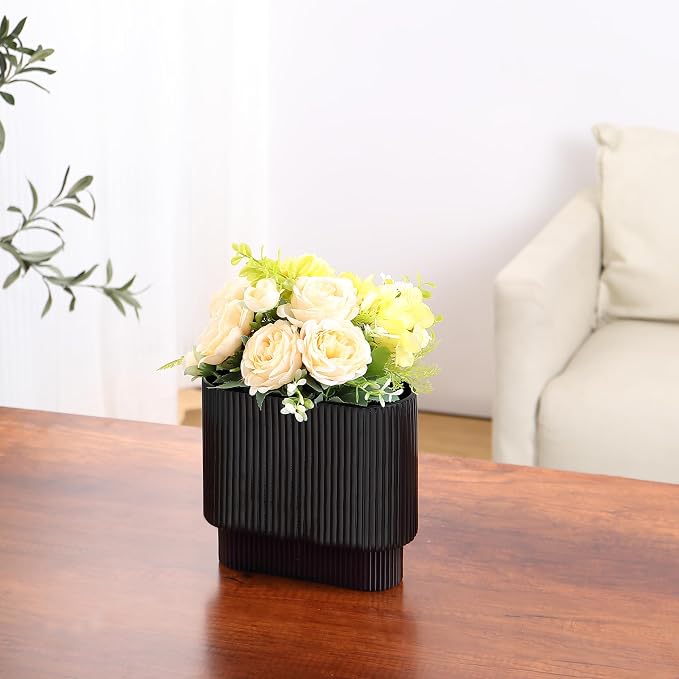 Ribbed Vase, Black Glass Vase for Flowers, Black Flower Vases for Tulips, Modern Vases for Living Room, Dining Table, Office, Bedroom, Mantle, Shelf, Wedding, 7 Inch