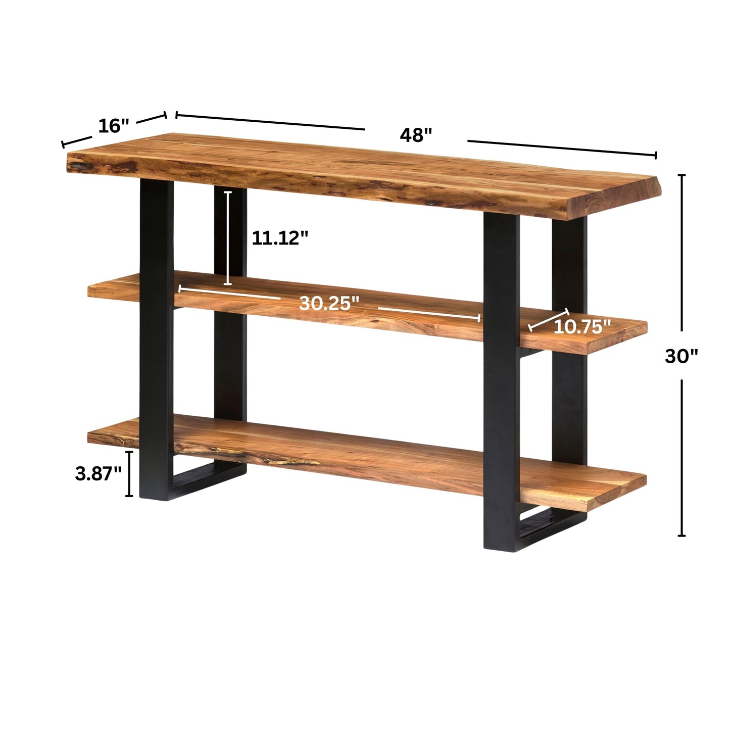 Alpine 3-Tier Live Edge Console Table with Metal Frame – 48-Inch Solid Acacia Wood Entryway Table – Rustic Modern Industrial Sofa Table or Media Console by Alaterre Furniture (Natural Finish)