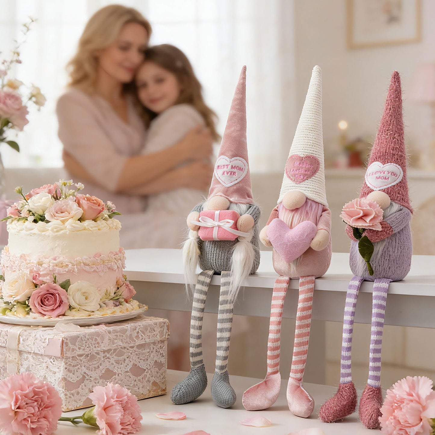 unanscre Mothers Day Gnomes Plush Decorations - 3PCS Long Dangle Leg Spring Gnomes Best Ever Gifts for Women Mom Mama Mommy, Handmade Dolls for Mother‘s Day Home Table Ornament, Tiered Tray Decor