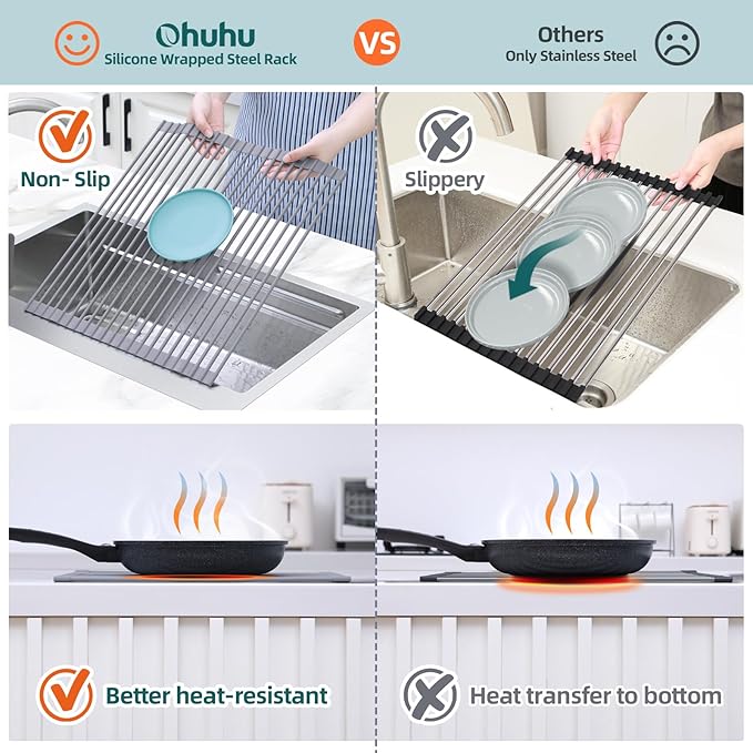 Ohuhu Over Sink Dish Drying Rack Silicone Wrapped 17.6" W x 15.4" L Large Over the Sink Roll Up Dish Drainer - Foldable Sink Drying Rack Rolling Drain Mats Anti-Slip Multipurpose for Kitchen Counter