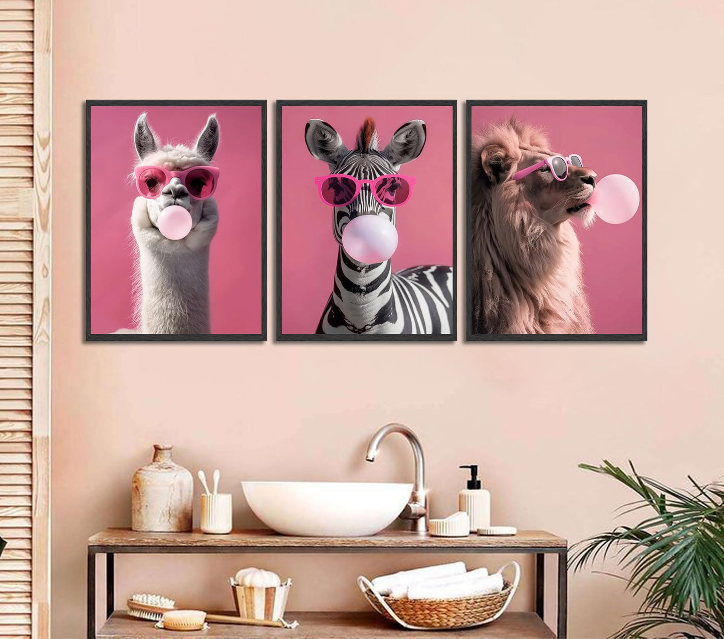 3 Pcs Funny Animal Canvas Wall Art, Pink Sunglasses Alpaca Zebra Lion Poster Prints, Modern Pop Art Wall Decor for Bedroom Bathroom Living Room Laundry Room, 12x16 Inch Unframed