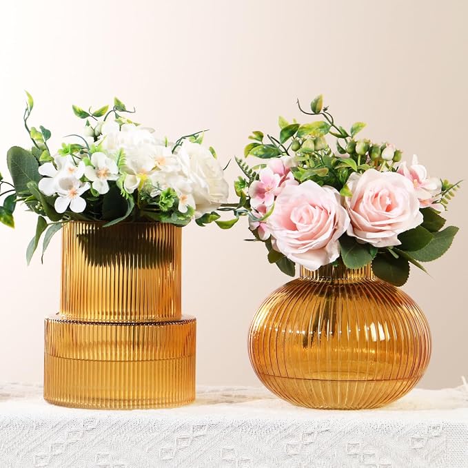 Ribbed Glass Vases, Set of 2 Fluted Vases for Flowers, Amber Glass Vase for Tulips, Modern Vase for Living Room, Kitchen, Office, Entryway, Mantle, Bookshelf, Wedding Gifts, Birthday