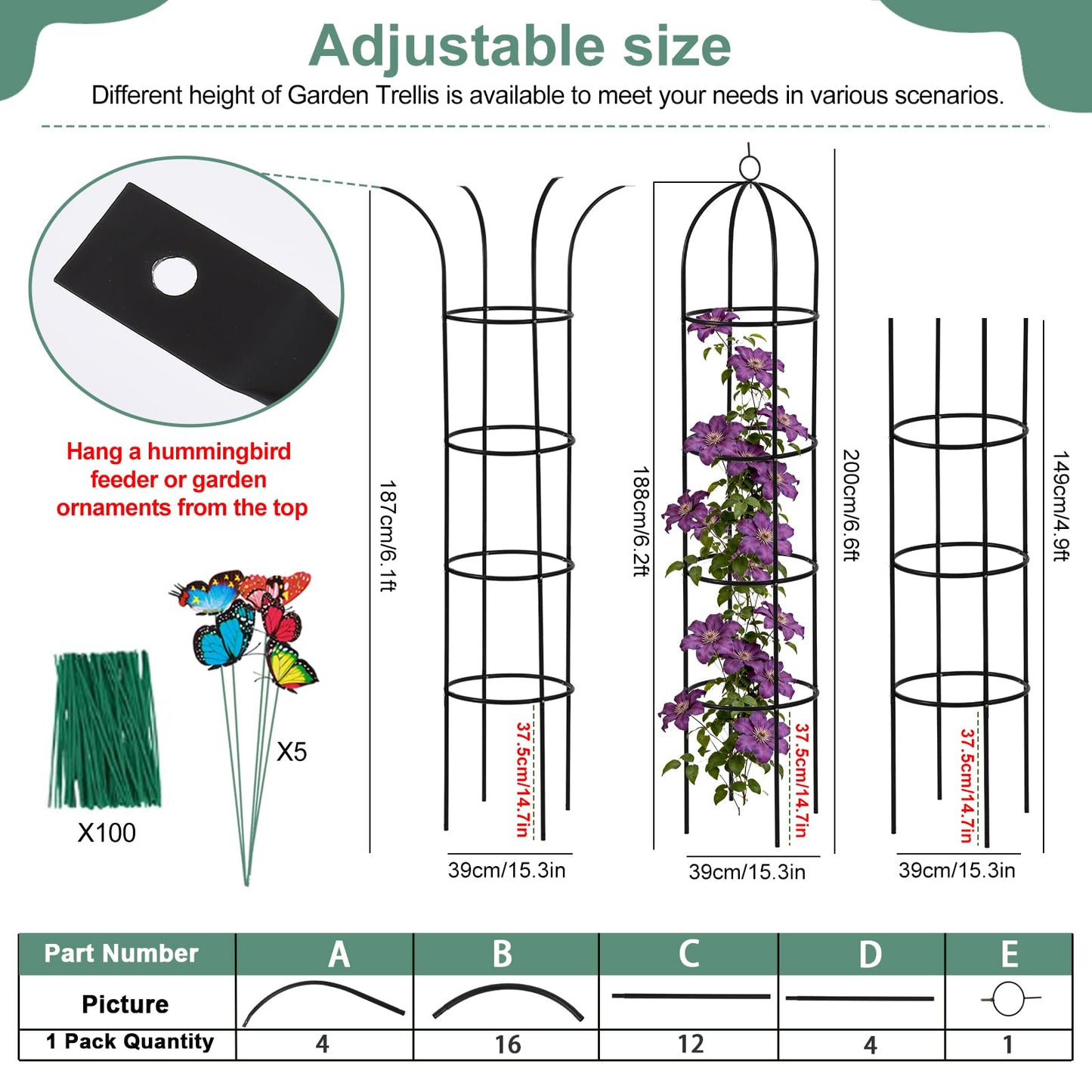 100% Metal Obelisk Garden Trellis 6.6 Feet Tall Sturdy Plant Support for Climbing Vines and Flowers Stands,1pc Upgrade Round Trellis for Pots Metal Plant Flower Trellises for Clematis Jasmine Outdoor