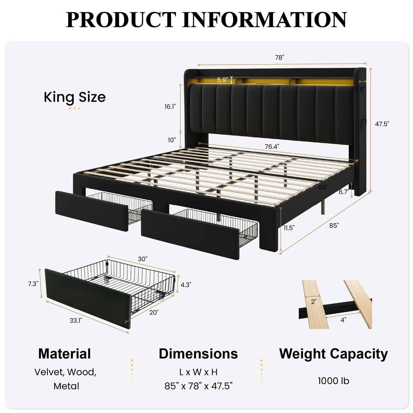 SHA CERLIN Velvet King Size Bed Frame with Vertical Channel Tufted Wingback Headboard & 2 Storage Drawers/2-Tier Shelves with LED Lights & Charging Station/Noise-Free/No Box Spring Needed/Black