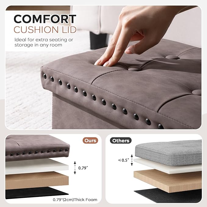 30 Inches Storage Ottoman Bench, Foldable Foot Rest with Rivet Design, 15 x 30 x 15 Inches, End of Bed Bench Footstool, Storage Chest, Load up to 330 lb, for Living Room, Bedroom, Entryway, Oak Brown