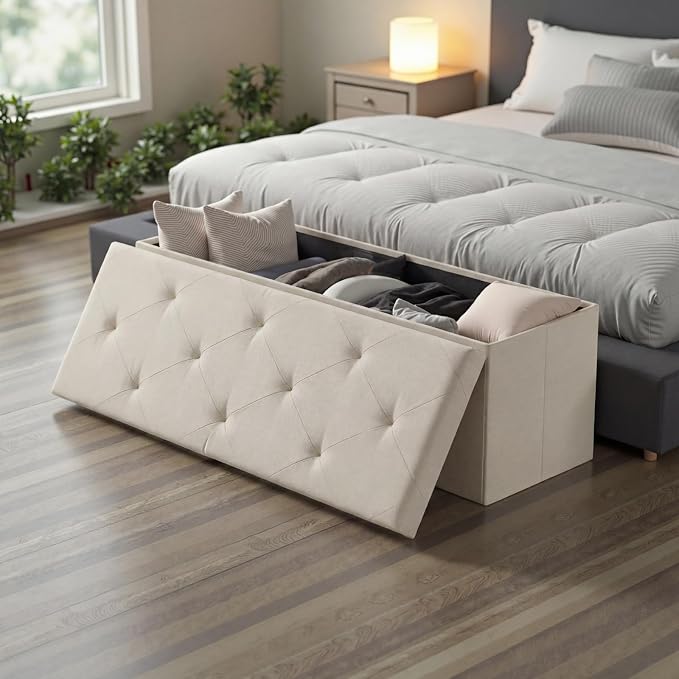 DUMOS 43 Inch Folding Storage Ottoman Bench, Large Hidden Storage Chest withThicker Foam Padded Seat, End of Bed Foot Rest Stool for Bedroom Living Room Entryway, Load 660 lbs, Beige
