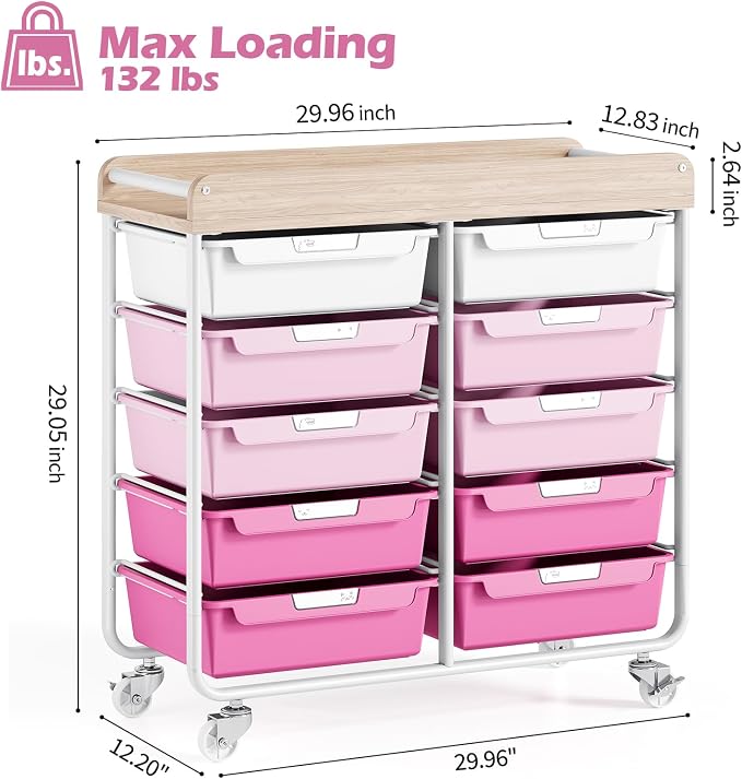 10 Drawers Rolling Cart with Wooden Tabletop, Utility Storage Cart with Wheels, Art Supply Craft Organizer on Wheel with Metal Frame & Handles for Home Office School,Pink
