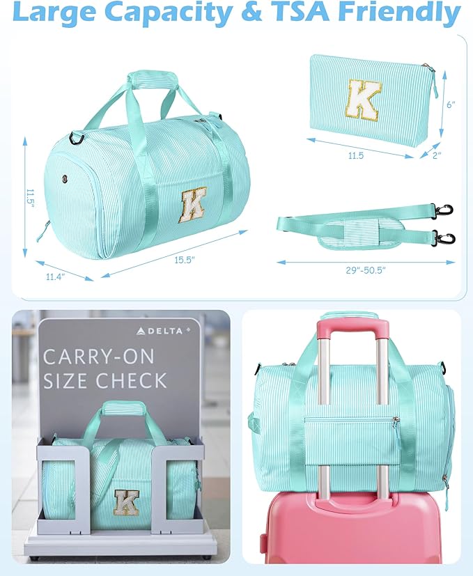 Gifts for 3 4 5 6 7 8 9 10 Year Old Girls, Girl Gym Bag, Kids Initial Overnight Duffel Bags with Shoe Compartment, Personalized Travel Bag with Makeup Pouch, Birthday Gift (Letter M)