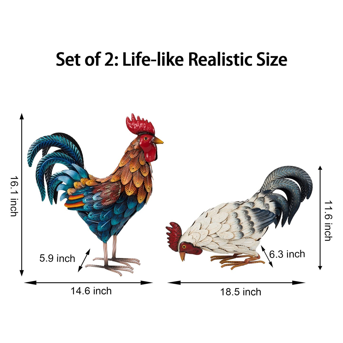 Shorayn Metal Rooster Statues, Outdoor Garden Metal Chicken Decor, Garden Sculptures Chicken Ornaments Yard Art for Backyard Patio Lawn Decorations, Set of 2