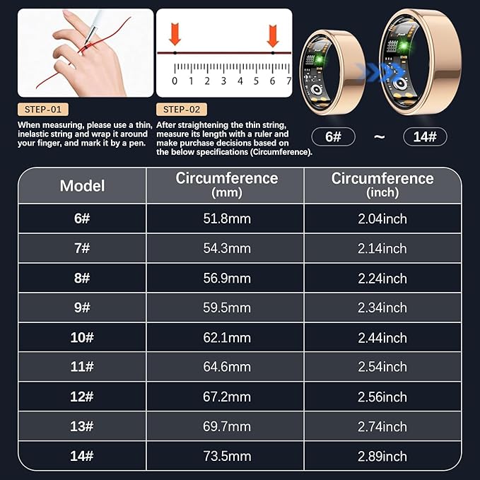 Smart Health Ring for Women Men, Fitness Tracker Ring with Heart Rate, Blood Oxygen, Sleep Tracker, Step Tracker, No Subscription Fee, IP68 Waterproof Smart Ring for iPhone & Android (Rose Gold, 8#)
