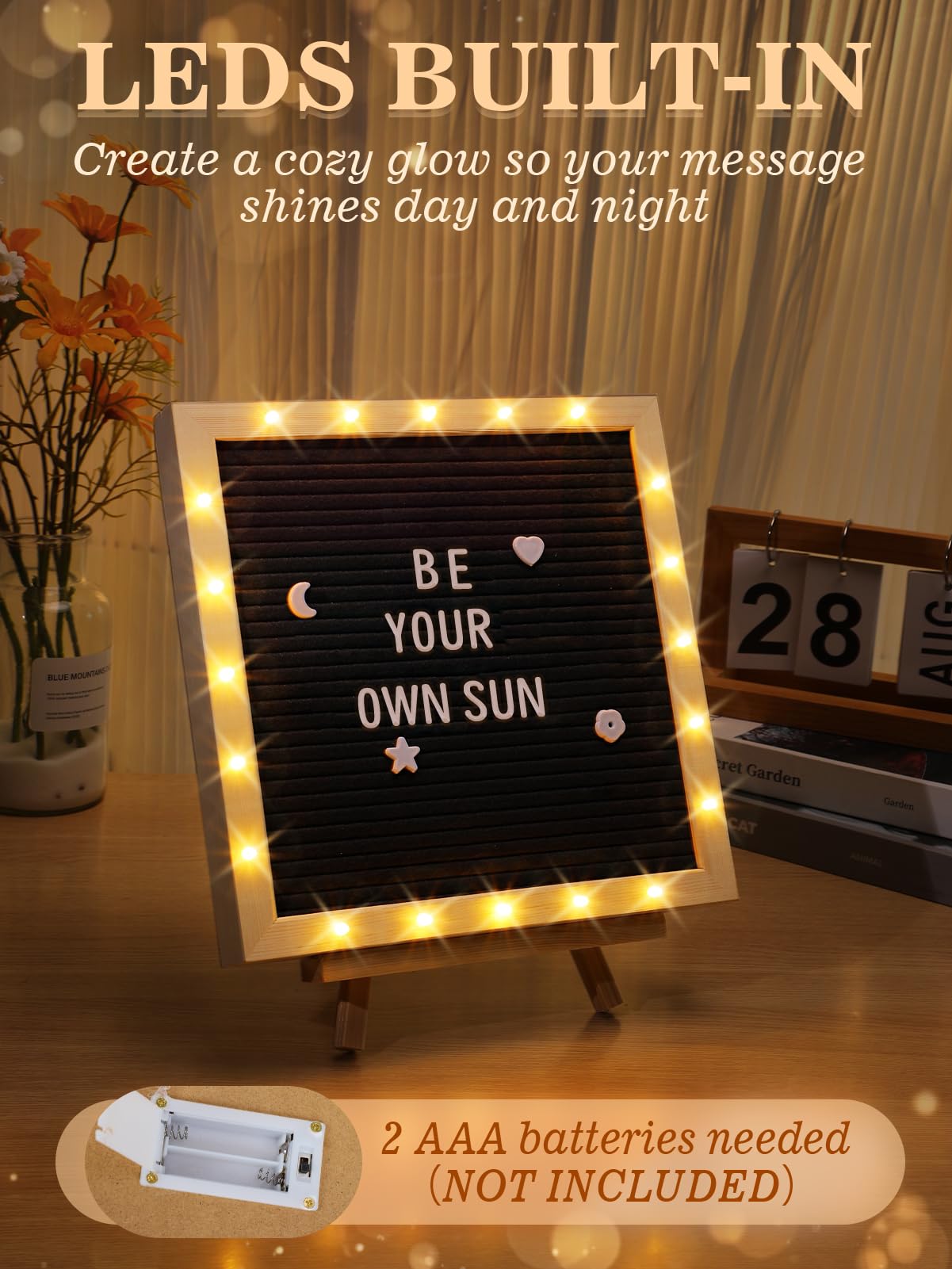 Changeable Felt Letter Board with LED Lights - 10×10" Message Custom Signs & Wood Stand & 450 Letters, Poster Board for Graduation/Baby/Pregnancy Announcement/Classroom Wall Decor Gifts, Black