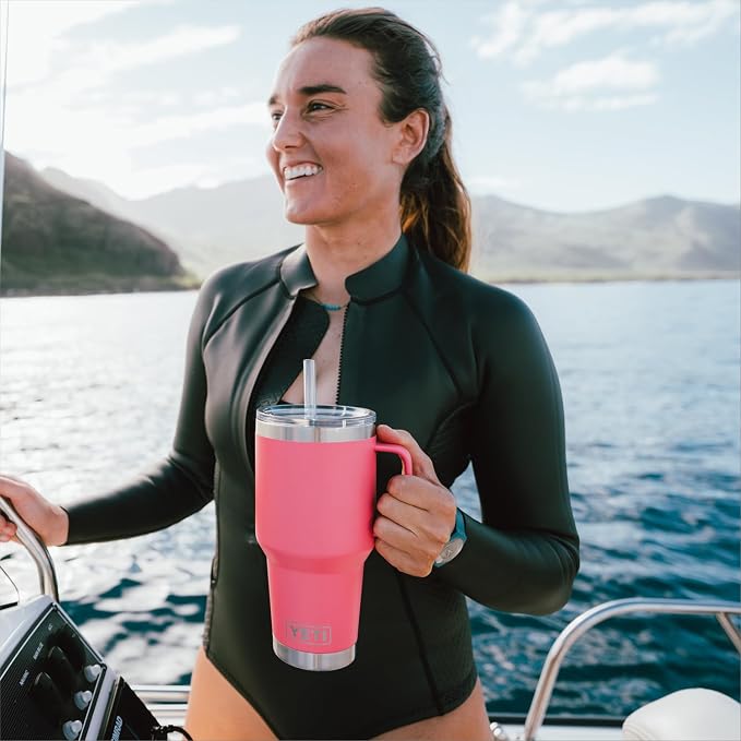 YETI Rambler 35 oz Tumbler with Handle and Straw Lid, Travel Mug Water Tumbler, Vacuum Insulated Cup with Handle, Stainless Steel, Tropical Pink