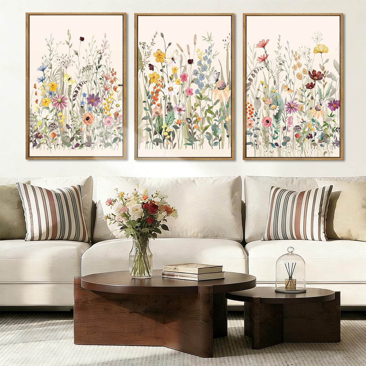 BINCUE Wildflower Wall Art Large Floral Wall Painting Neutral Print Pictures Decor for Living Room Bedroom Bathroom 3 Panel 36x24 Inches