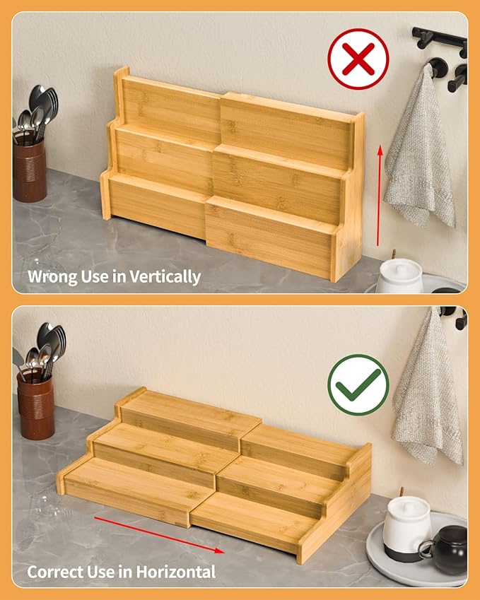 VenDotbi Spice Rack, 3-Tier Expandable Bamboo Spice Rack Organizer for Cabinet, Kitchen, Pantry and Cupboard Storage Organizer(2pack)
