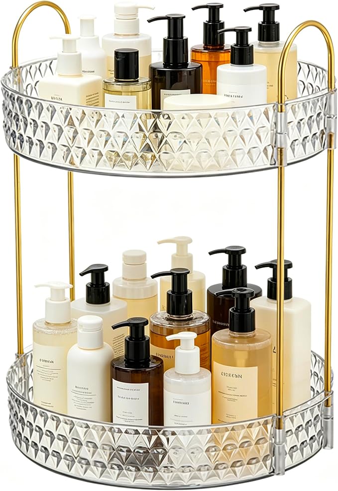 360° Rotating Acrylic Storage Rack, 2-Tier Large Capacity Makeup Organizer for Bathroom Countertop & Vanity, Clear Cosmetic Holder for Skincare, Perfume & Beauty Essentials