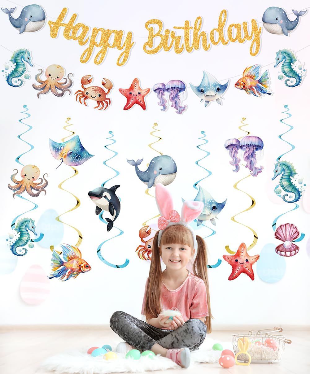 Sea Animals Hanging Swirl Ceiling Streamers Decorations, Under Sea Happy Birthday Banner Sign Party Decoration for Kids Baby Shower Ocean Sea Party Supplies Room Decor