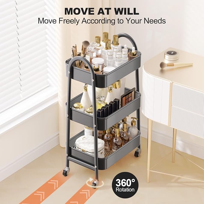 EAGMAK 3 Tier Rolling Cart, Large Metal Storage Cart with Handle and Lockable Wheels, Big Multifunctional Storage Organizer Trolley with Mesh Baskets for Kitchen, Living Room, Office, Garage (Black)
