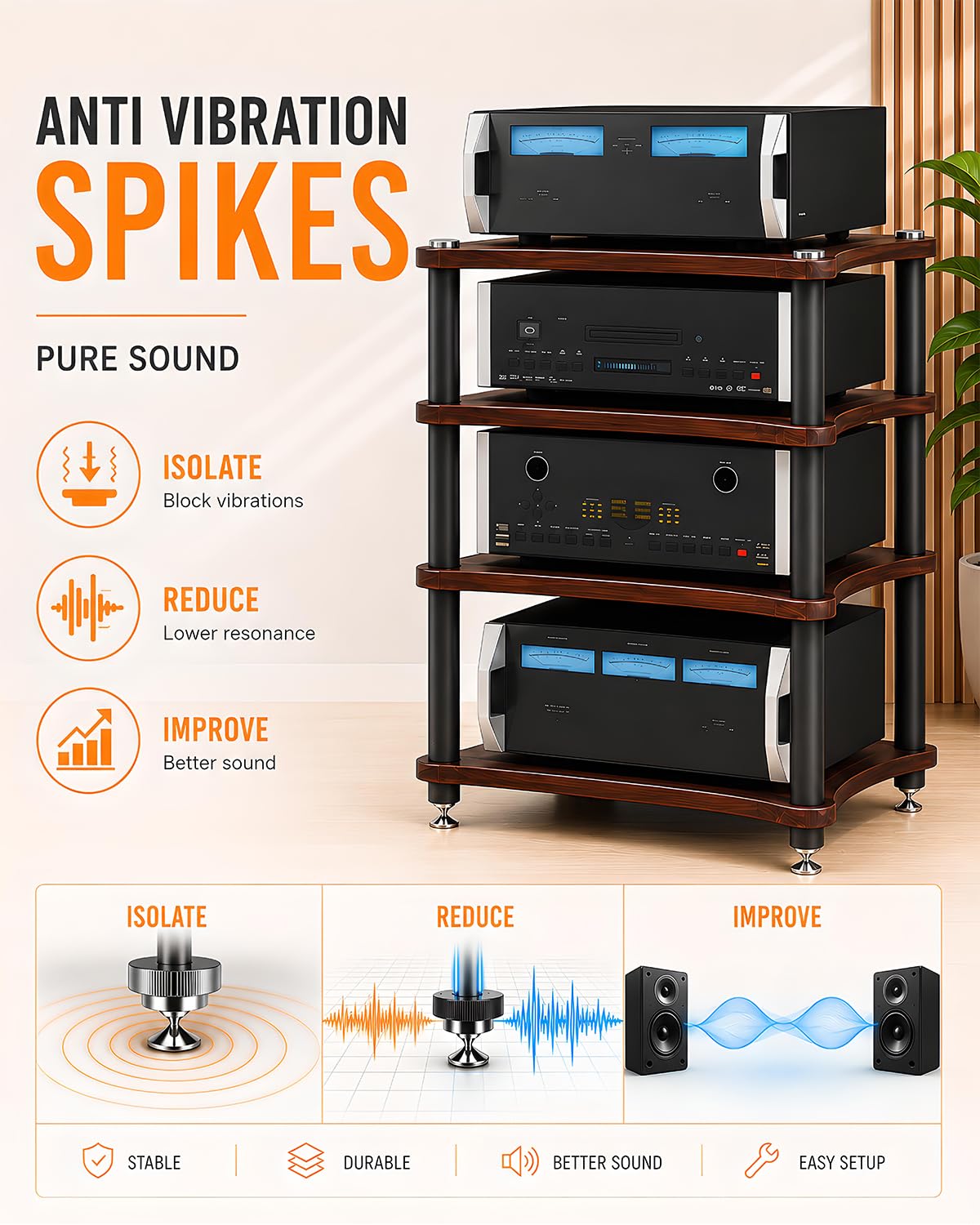 RAJYQODIS Heavy Duty Audio Component Rack, Large Storage Space AV Media Stand with Shock-Absorbing Foot pegs, Audio Rack Tower CD Player Stand for Home/Office/Audio Video/Theate (Black, 4th)