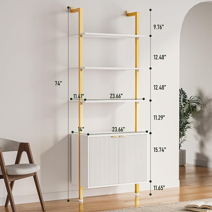 INNOD 74" Tall Bookshelf with Storage Cabinet, Modern Ladder Shelf with Wood and Metal Frame, Wall Mount Bookcase Open Display Shelf Furniture for Living Room, Bedroom, Home Office, Gold