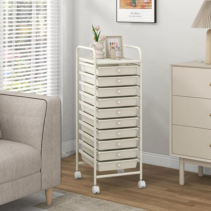 COSTWAY 10-Drawer Rolling Storage Cart, Utility Mobile Trolley with Removable Drawers & Universal Casters & 2 Brakes, Versatile Flexible Drawer Organizer Cart for Home, Office, White