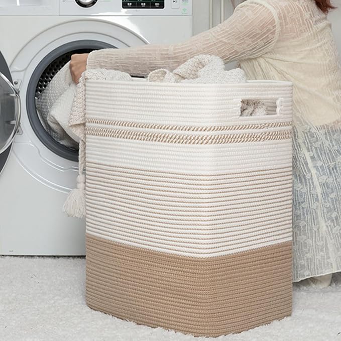 80L Large Cotton Rope Laundry Basket for Bedroom & Laundry Room, Tall Clothes Hamper with Sturdy Handles, Neutral Storage Bin Capable of Holding Blankets and Toys