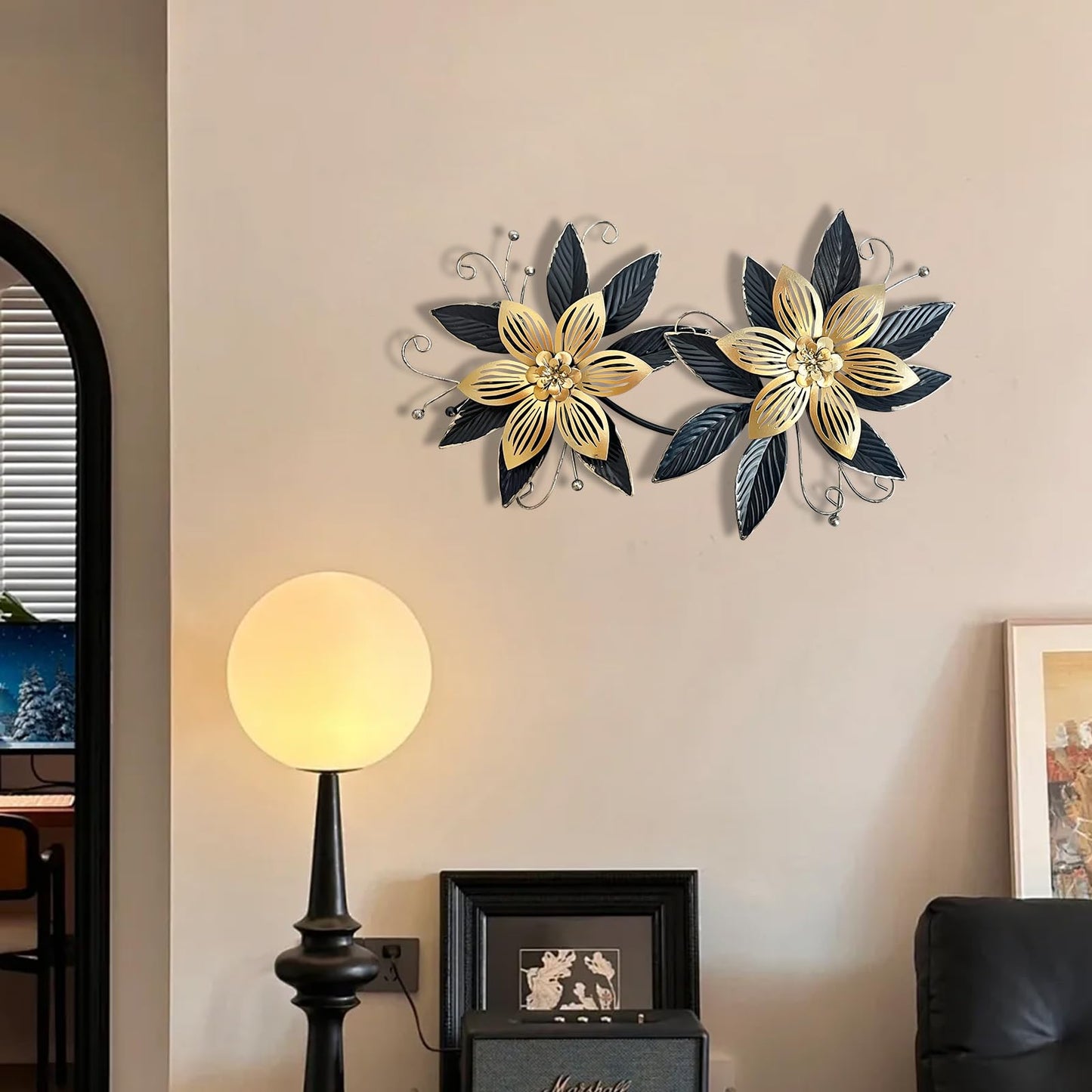 LIFFY Black Wall Decor,15" 3D Multi-layer Metal Flowers Wall Decor, Rustic Modern Floral Sculpture for Indoor Kitchen Bedroom Living Room Office Outdoor Garden Patio