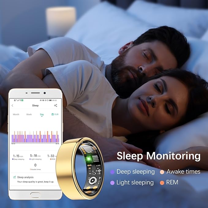 Health Tracker Ring, Smart Health Ring for Women Men with Heart Rate, Blood Oxygen, Sleep Monitor, Steps,Calories, No Subscription Fee, IP68 Waterproof Smart Ring for iPhone & Android (Gold, 9#)