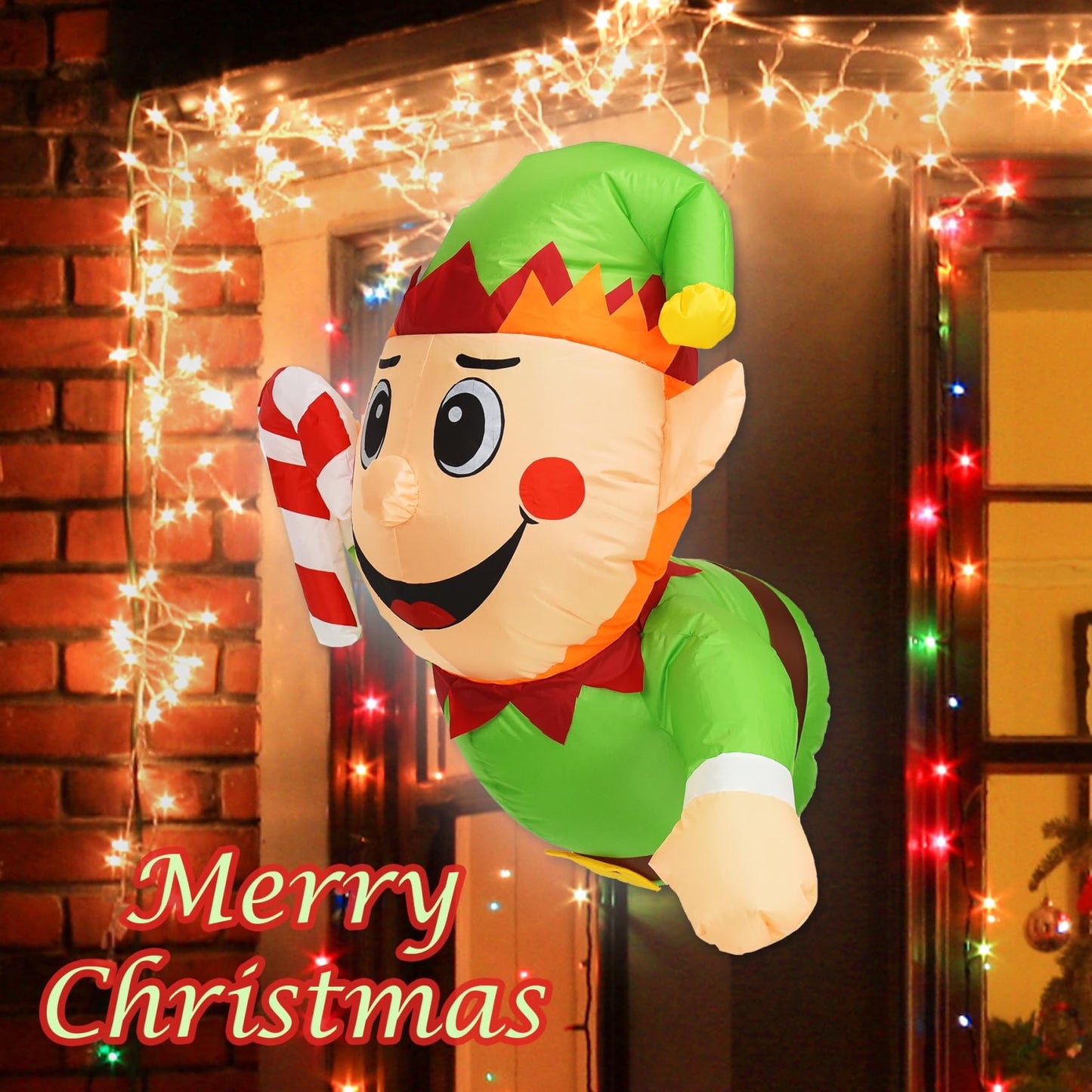 DearSun 3.0FT Christmas Inflatable Elf Boy with Build-in LED Lights Broke Out from Window, Blow up Christmas Inflatable Outdoor Indoor Decorations Cute Party Yard Decoration (Elf Boy Broke Window)