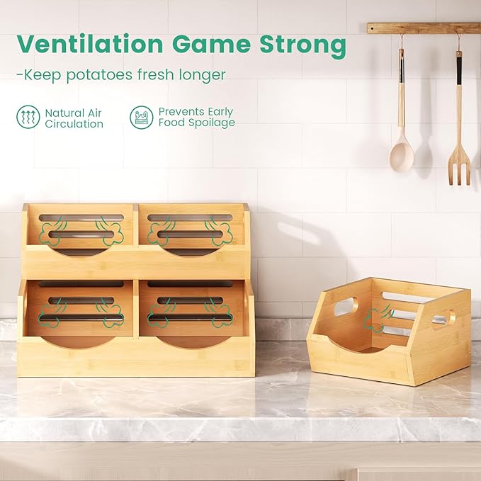 Potato and Onion Storage Bin, 2 Tier Bamboo Kitchen Storage Rack, Stackable Ventilated Pantry Organizer with Handles for Garlic Peppers Vegetables, Countertop Produce Bins, Natural Brown